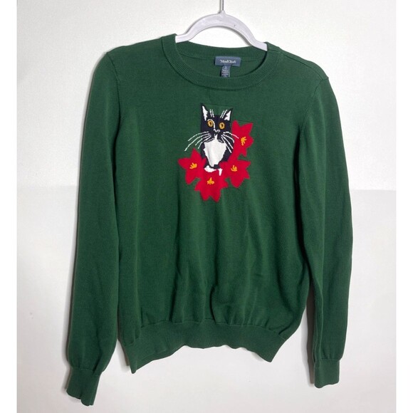 ModCloth Sweater Womens Large Green Purring in Poinsettia Graphic Pullover Cat - Picture 3 of 11